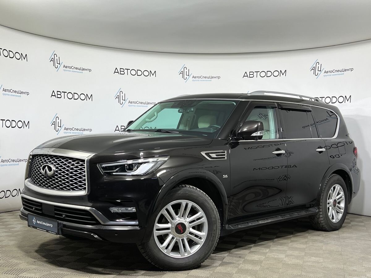 Автомобиль Infiniti QX80 I (Z62) [2-й рестайлинг] 5.6 AT 4WD (405 л.с.) Luxe Sensory Proactive 8-местный Чёрный 2018 с пробегом 128 000 км